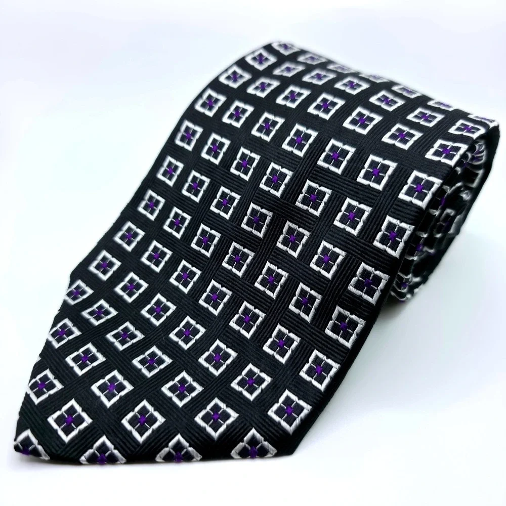 Paul Fredrick Italian Silk Necktie Black Silver Purple Geometric Pattern 57x4
